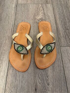 Metallic Gold Beaded Thong Sandals with Green Accent